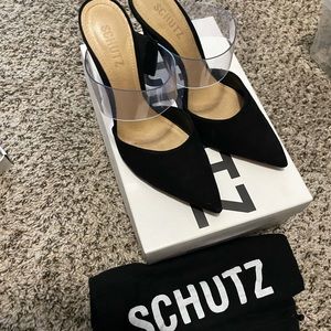 Schutz size 7.5 black clear strap heels